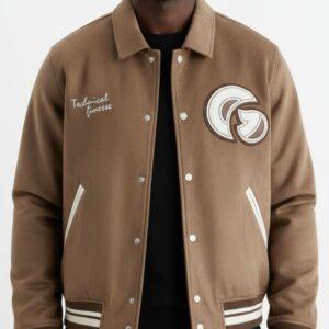 Men’s Brown Wool Varsity Jacket Featuring Technical Finesse Script And G Patch