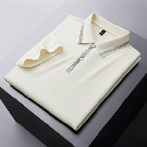 Men’s Solid Apricot Breathable Piqué Polo with a Modern Quarter-Zip Neckline and Striped Sport Collar