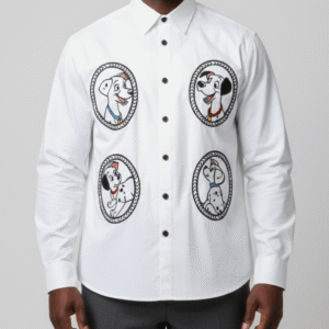 Men's Retro Fun Puppy Embroidered Long-Sleeved White Shirt