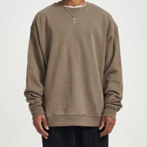 Men's 380G Trendy Loose Pure Cotton Solid Color Round Neck Sweatshirt Gray Green
