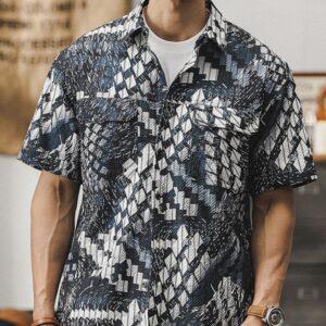 Men's Jacquard Trendy Plaid Short-Sleeved Shirt Royal Blue