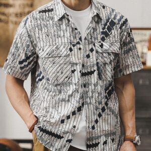 Men's Jacquard Trendy Plaid Short-Sleeved Shirt Light Brown