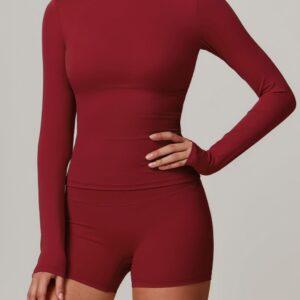 Women Tight-Fitting Sanded Yoga Suit Quick-Drying Fitness (Long Sleeves+Shorts) Wine Red