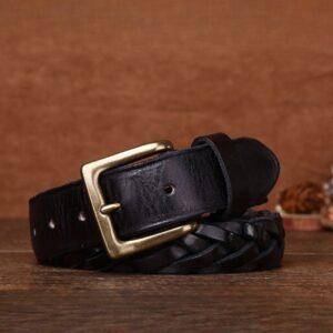 Men's Vintage Black Leather Belt with Brass Buckle Durable Classic Casual Style