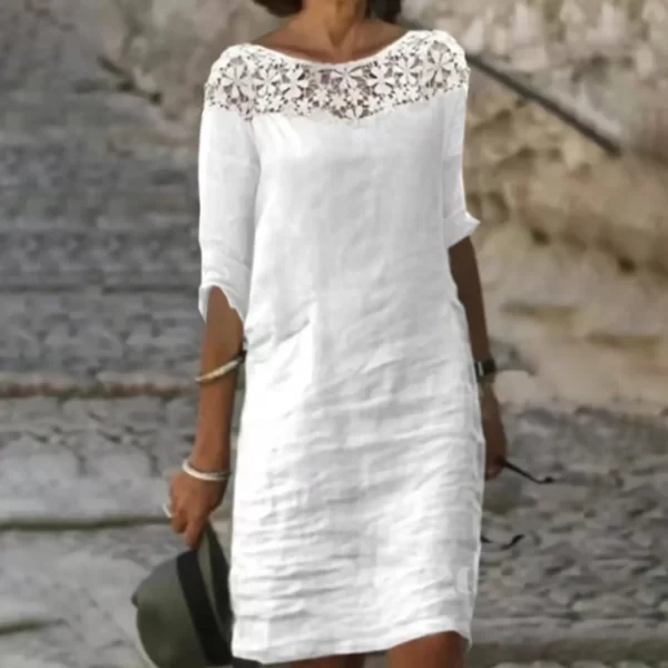 Women Sexy Dress White Hollow Lace Dress Short Sleeve Loose Midi Dresses 2023 Summer Casual Women's Casual Dress Vestidos Robe